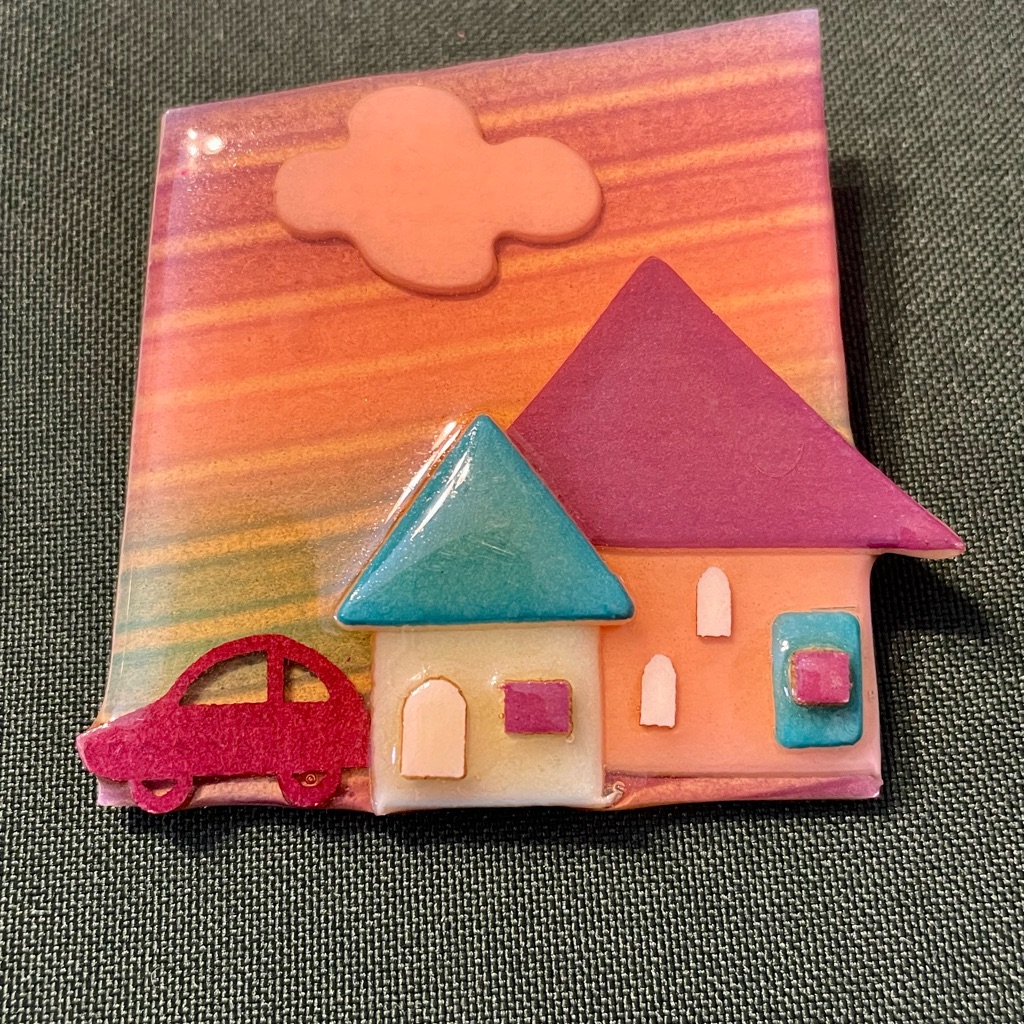 Vintage “House Pins” Brooch Pin Signed By Lucinda. 3 D Enamel Houses And Car